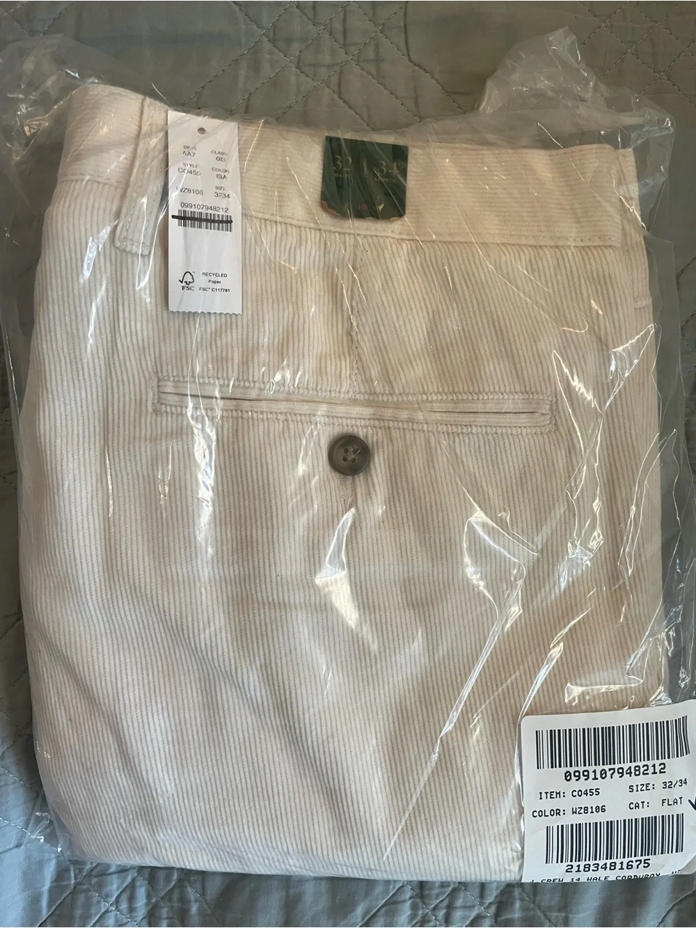 J. CREW Classic-fit pleated 14-wale corduroy trouser in Ivory Size 32 NWT CO455